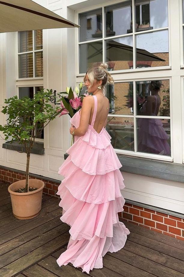 Vestidos formales/Vestido de fiesta de gasa rosa con volantes y cuello halter